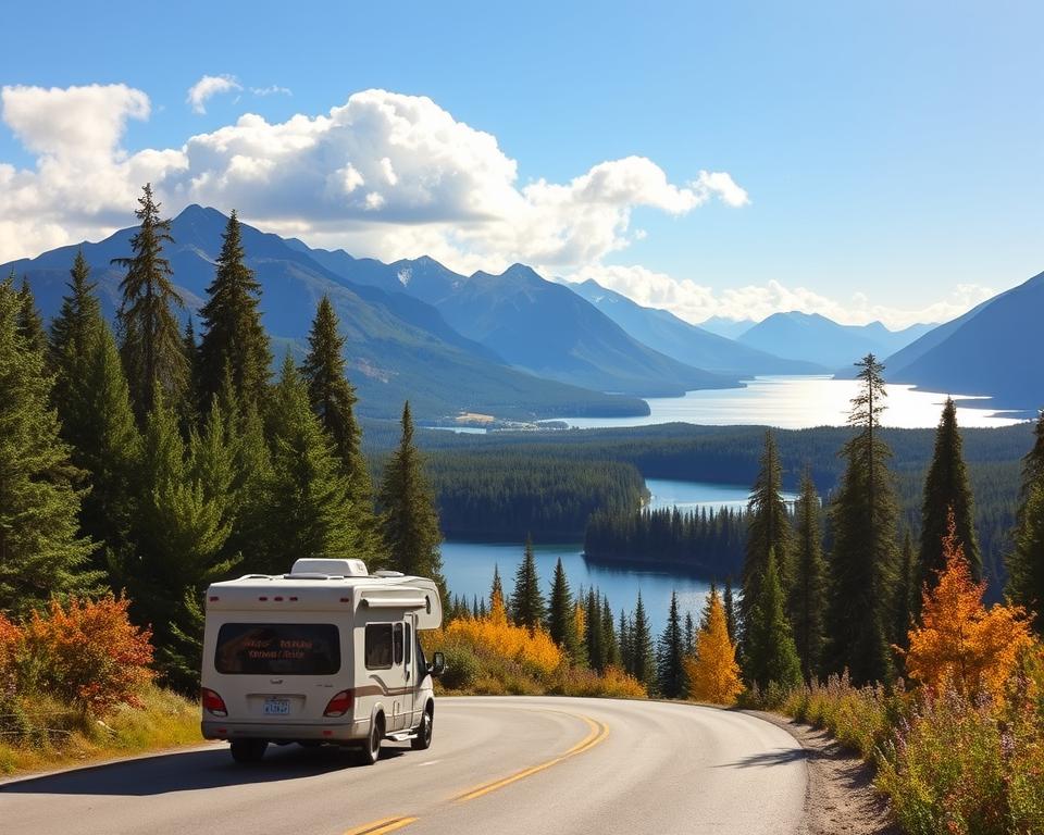 A picturesque view of a Canadian landscape showcasing diverse travel routes for a camper journey. In the foreground, a well-equipped camper van parked along a winding road lined with lush green trees and wildflowers. In the middle ground, a vast, shimmering lake reflects the sky, surrounded by majestic mountains blanketed in a mix of evergreen forests and autumn foliage. The background features a clear blue sky with soft, fluffy clouds, enhancing the serene atmosphere. The scene evokes a sense of adventure and exploration, illuminated by warm sunlight filtering through the trees, casting playful shadows. The mood is tranquil and inviting, making it ideal for inspiring travelers. A picturesque view of a Canadian landscape showcasing diverse travel routes for a camper journey. In the foreground, a well-equipped camper van parked along a winding road lined with lush green trees and wildflowers. In the middle ground, a vast, shimmering lake reflects the sky, surrounded by majestic mountains blanketed in a mix of evergreen forests and autumn foliage. The background features a clear blue sky with soft, fluffy clouds, enhancing the serene atmosphere. The scene evokes a sense of adventure and exploration, illuminated by warm sunlight filtering through the trees, casting playful shadows. The mood is tranquil and inviting, making it ideal for inspiring travelers.