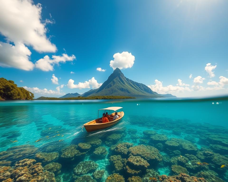 A picturesque view of a boat tour on a serene lagoon in Le Morne, Mauritius. In the foreground, a small wooden boat with modestly dressed tourists peacefully gliding through the crystal-clear waters, surrounded by lush greenery. The middle ground features vibrant coral reefs, with schools of colorful fish swimming beneath the surface, showcasing the underwater waterfall effect. In the background, the majestic Le Morne mountain rises sharply against a bright blue sky, accentuated by fluffy white clouds. Warm sunlight filters through, creating sparkling reflections on the water. The mood is tranquil and inviting, capturing the beauty of the island's natural wonders while highlighting the captivating underwater scenery. Use a wide-angle lens to enhance depth and vibrancy in colors.