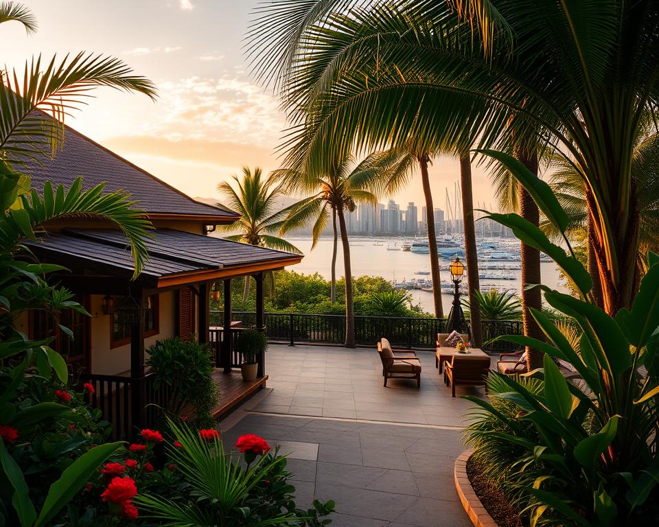A picturesque view of a boutique hotel in Port Louis, Mauritius, nestled among lush tropical greenery. In the foreground, a charming entrance with vibrant flowers, wooden accents, and a welcoming porch. The middle ground features a cozy terrace with elegant outdoor seating, framed by palm trees and torches, hinting at a relaxing atmosphere. In the background, the iconic silhouette of the Port Louis skyline with the striking Le Caudan Waterfront. The scene is bathed in warm golden hour lighting, creating a serene and inviting mood. Emphasize a sense of hospitality and tranquility, capturing the essence of accommodations in Port Louis. Use a wide-angle lens perspective to highlight the beauty of the surroundings and the inviting nature of the hotel.