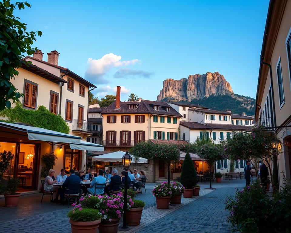 A picturesque view of a charming hotel nestled in the beautiful landscapes of San Marino, showcasing a variety of architectural styles that reflect Italian heritage. In the foreground, a cozy outdoor patio with well-dressed guests enjoying a meal, surrounded by lush greenery and blooming flowers. The middle ground features a quaint hotel building with warm, inviting lights glowing from the windows, framed by cobblestone streets. In the background, the iconic Monte Titano rises majestically against a bright blue sky, with a few fluffy white clouds. The scene is bathed in soft, golden hour lighting, creating a serene and welcoming atmosphere. The angle is slightly elevated, capturing the depth of the landscape and the beauty of the hotel's surroundings, without any distractions or text.