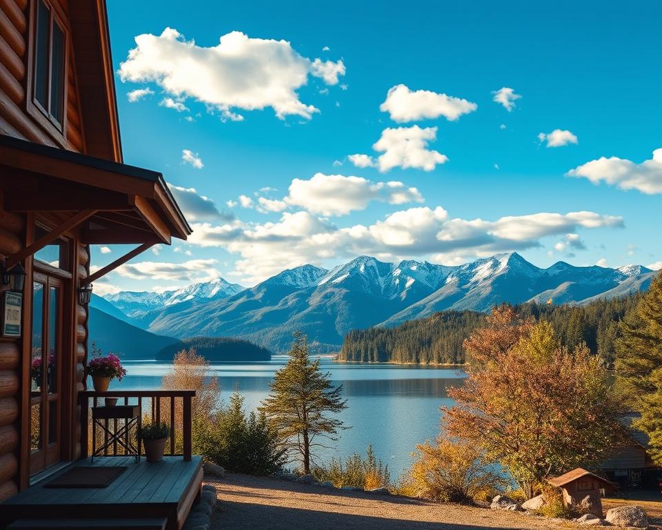 A picturesque view of a cozy holiday accommodation in Bariloche, Argentina, surrounded by stunning natural scenery. In the foreground, a rustic wooden cabin with a welcoming porch, adorned with flowering plants, reflects the local architecture. In the middle ground, the reflective waters of Lake Nahuel Huapi shimmer under soft, golden sunlight, with majestic snow-capped mountains rising in the background. The sky is a vibrant blue with scattered fluffy clouds, enhancing the atmosphere of tranquility and adventure. Capture this scene with a slightly elevated angle, resembling a lens view at 35mm, ensuring rich colors and detail. Evoke a warm, inviting mood, inviting travelers to explore this serene destination. The image should be free of any text or signatures. A picturesque view of a cozy holiday accommodation in Bariloche, Argentina, surrounded by stunning natural scenery. In the foreground, a rustic wooden cabin with a welcoming porch, adorned with flowering plants, reflects the local architecture. In the middle ground, the reflective waters of Lake Nahuel Huapi shimmer under soft, golden sunlight, with majestic snow-capped mountains rising in the background. The sky is a vibrant blue with scattered fluffy clouds, enhancing the atmosphere of tranquility and adventure. Capture this scene with a slightly elevated angle, resembling a lens view at 35mm, ensuring rich colors and detail. Evoke a warm, inviting mood, inviting travelers to explore this serene destination. The image should be free of any text or signatures.