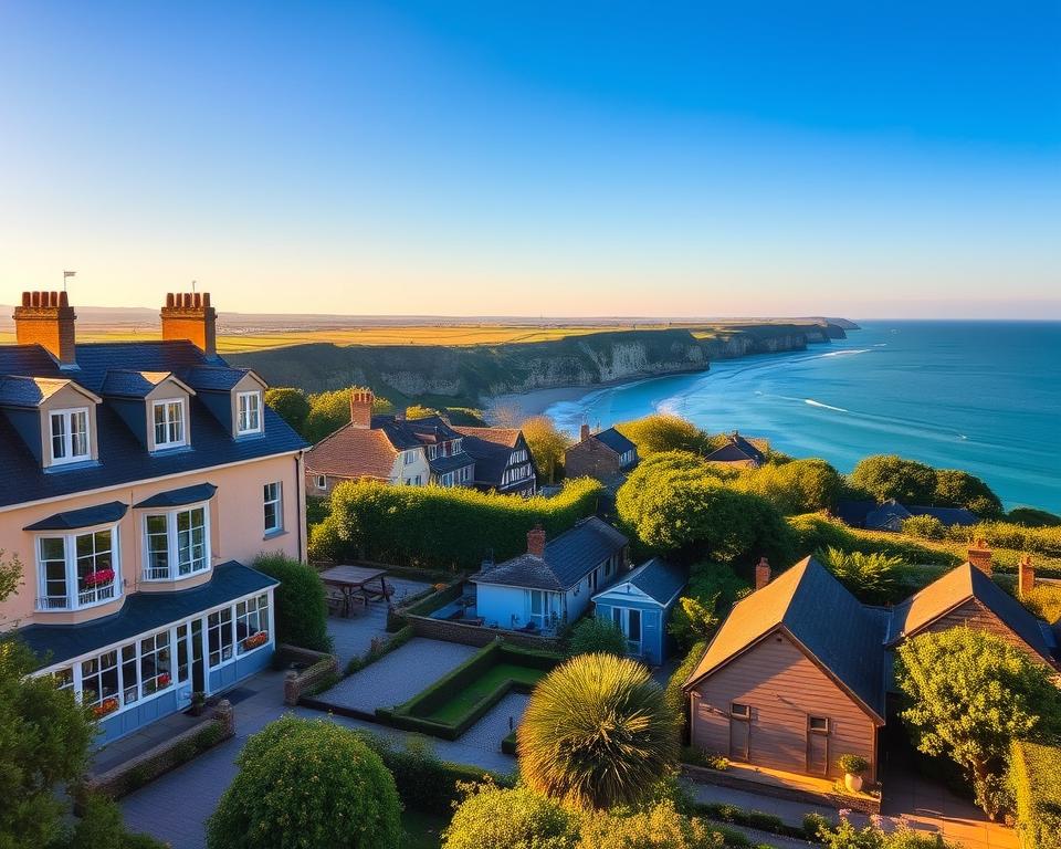 A picturesque view of accommodations in Brittany, featuring a charming coastal hotel in the foreground with elegant architecture, surrounded by lush gardens. In the middle ground, display a selection of cozy holiday homes with distinct features, such as wooden shingles and colorful flower boxes, nestled amidst greenery. In the background, breathtaking cliffs and a serene beach line the horizon under a clear blue sky. The scene is illuminated by warm, golden hour sunlight, creating a welcoming and inviting atmosphere. Capture this idyllic setting with a wide-angle lens to enhance the spaciousness and tranquility of the landscape. The mood should feel relaxed, inspiring a sense of adventure and comfort along the scenic route of Brittany.