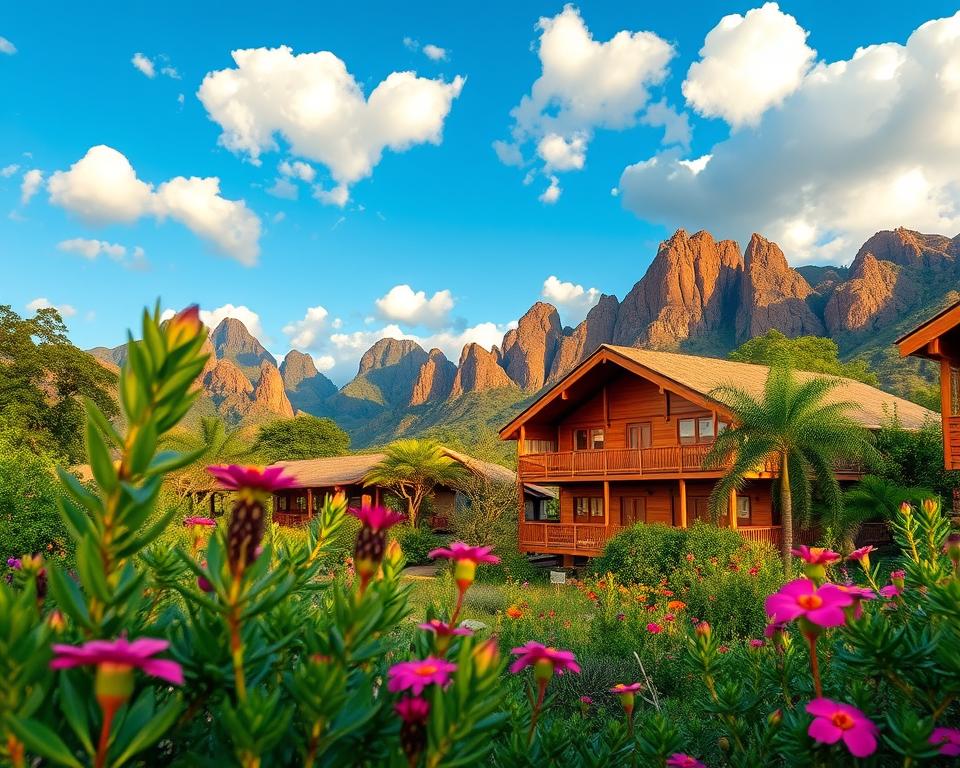 A picturesque view of accommodations in Chapada Diamantina, Brazil, showcasing a charming rustic lodge nestled among lush greenery. In the foreground, vibrant native plants and flowers in full bloom frame the scene, inviting the viewer in. The middle ground features the cozy lodge with wooden balconies, surrounded by the stunning rock formations characteristic of the region. In the background, majestic mountains rise under a bright blue sky with fluffy white clouds, creating a serene and inviting atmosphere. The lighting is warm and soft, capturing the golden hour glow. The angle is slightly elevated, allowing a panoramic perspective that conveys the beauty and tranquility of the location, ideal for exploring the natural wonders of Chapada Diamantina.