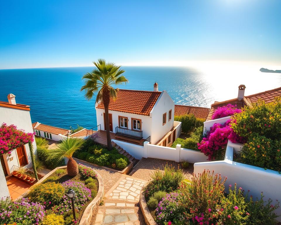 A picturesque view of charming accommodations in Ferragudo, Portugal, showcasing a variety of options such as quaint hotels, cozy vacation rentals, and stylish boutique lodgings. In the foreground, a beautifully landscaped garden filled with colorful flowers and stone pathways leads to a welcoming entrance of a boutique hotel. The middle ground features a charming whitewashed building with terracotta roof tiles, flanked by palm trees and vibrant bougainvillea. In the background, the shimmering blue waters of the Atlantic Ocean stretch under a clear blue sky, with soft golden sunlight casting a warm glow over the scene. Capture this idyllic atmosphere with a slightly elevated angle, using natural lighting to enhance the serene and inviting mood of this unique coastal village. A picturesque view of charming accommodations in Ferragudo, Portugal, showcasing a variety of options such as quaint hotels, cozy vacation rentals, and stylish boutique lodgings. In the foreground, a beautifully landscaped garden filled with colorful flowers and stone pathways leads to a welcoming entrance of a boutique hotel. The middle ground features a charming whitewashed building with terracotta roof tiles, flanked by palm trees and vibrant bougainvillea. In the background, the shimmering blue waters of the Atlantic Ocean stretch under a clear blue sky, with soft golden sunlight casting a warm glow over the scene. Capture this idyllic atmosphere with a slightly elevated angle, using natural lighting to enhance the serene and inviting mood of this unique coastal village.