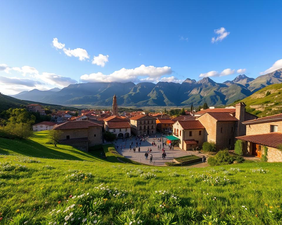 A picturesque view of charming villages and towns surrounding Pico Europa Nationalpark in Spain. In the foreground, lush green fields dotted with wildflowers and traditional Spanish architecture, featuring quaint stone houses with terracotta roofs. The middle ground showcases a busy village square bustling with locals, dressed in modest casual clothing, enjoying a sunny day. The background features the breathtaking Pico Europa mountains under a clear blue sky, with scattered fluffy clouds and warm sunlight casting gentle shadows. Capture the mood of tranquility and harmony with nature, using warm lighting to accentuate the vibrant colors of the landscape. A wide-angle perspective that emphasizes the beauty of the region and invites viewers to explore its rustic charm.