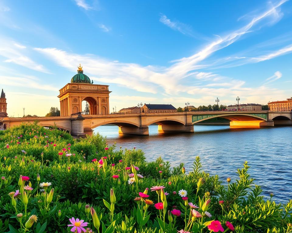 A picturesque view of famous bridges in Germany, featuring the iconic Brandenburg Gate Bridge and the beautiful Karl Theodor Bridge. In the foreground, lush green banks of the river line the scene, with vibrant flowers blooming alongside. The middle ground showcases the grand structures of the bridges, highlighting their intricate details and arches. The background includes a clear blue sky with wispy clouds, creating a serene atmosphere. Soft golden sunlight casts gentle reflections on the water's surface, enhancing the tranquility of the scene. Capture this idyllic setting from a slightly elevated angle, resembling a stunning travel photography shot, emphasizing the architectural beauty and historical significance of these bridges.