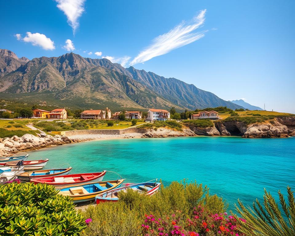 A picturesque view of the Albanian Riviera during a sunny day, featuring bright turquoise waters gently lapping against rocky shores. In the foreground, small, colorful fishing boats rest on the beach, surrounded by lush green vegetation and vibrant flowers. In the middle ground, traditional Albanian bungalows dot the landscape, with pathways leading to them. The background showcases steep mountains rising dramatically, bathed in warm golden sunlight, creating a serene and inviting atmosphere. The sky is clear with a few wispy clouds, emphasizing the region's Mediterranean climate. The scene captures the essence of summer, tranquility, and natural beauty, evoking a sense of peace and idyllic relaxation. Use a wide-angle perspective to encompass the full breadth of this stunning coastal landscape. A picturesque view of the Albanian Riviera during a sunny day, featuring bright turquoise waters gently lapping against rocky shores. In the foreground, small, colorful fishing boats rest on the beach, surrounded by lush green vegetation and vibrant flowers. In the middle ground, traditional Albanian bungalows dot the landscape, with pathways leading to them. The background showcases steep mountains rising dramatically, bathed in warm golden sunlight, creating a serene and inviting atmosphere. The sky is clear with a few wispy clouds, emphasizing the region's Mediterranean climate. The scene captures the essence of summer, tranquility, and natural beauty, evoking a sense of peace and idyllic relaxation. Use a wide-angle perspective to encompass the full breadth of this stunning coastal landscape.