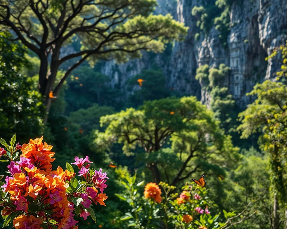 A picturesque view of the Butterfly Valley in Rhodes, showcasing a vibrant tapestry of flora and fauna. In the foreground, clusters of delicate, colorful flowers such as bougainvillea and fragrant jasmine attract fluttering butterflies in shades of orange, blue, and yellow. The middle ground features lush greenery, with tall trees creating a canopy that filters warm, dappled sunlight onto the forest floor. Birds can be seen perched on branches, adding life to the scene. In the background, steep, moss-covered cliffs rise majestically, partially hidden by vines, creating a sense of tranquility. The atmosphere is serene, with soft sunlight enhancing the rich colors and inviting a sense of exploration. The angle is slightly elevated, giving a sweeping view of this natural paradise, inviting viewers to immerse themselves in the beauty of nature.