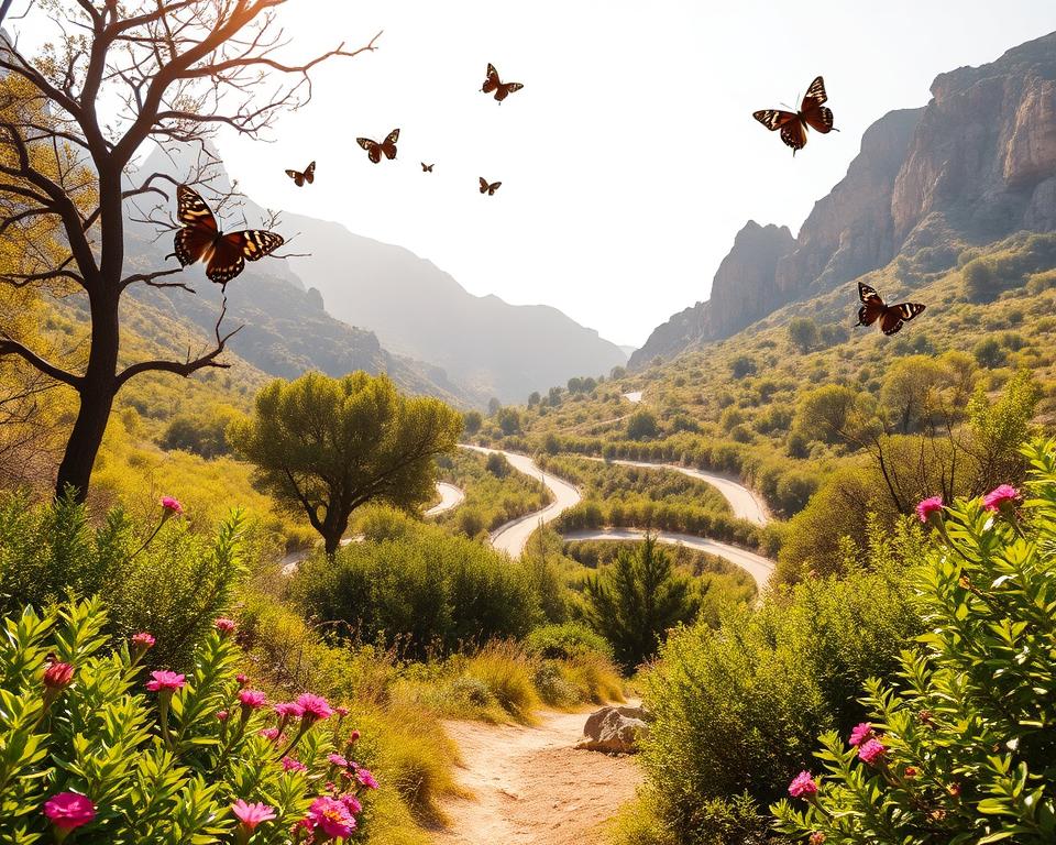 A picturesque view of the Butterfly Valley in Rhodes, showcasing its scenic walking trails. In the foreground, lush greenery and vibrant flowers frame the path, inviting exploration. The middle ground features winding, well-maintained hiking trails flanked by tall trees, with colorful butterflies fluttering above, adding life to the scene. In the background, rugged cliffs rise, kissed by soft sunlight filtering through the foliage, creating dappled patterns on the ground. The atmosphere is serene and tranquil, perfect for a hiking adventure. The lighting is warm and inviting, suggesting a late afternoon glow. Use a wide-angle lens to capture the expansive beauty of the valley, highlighting the harmonious blend of natural elements and inviting paths.