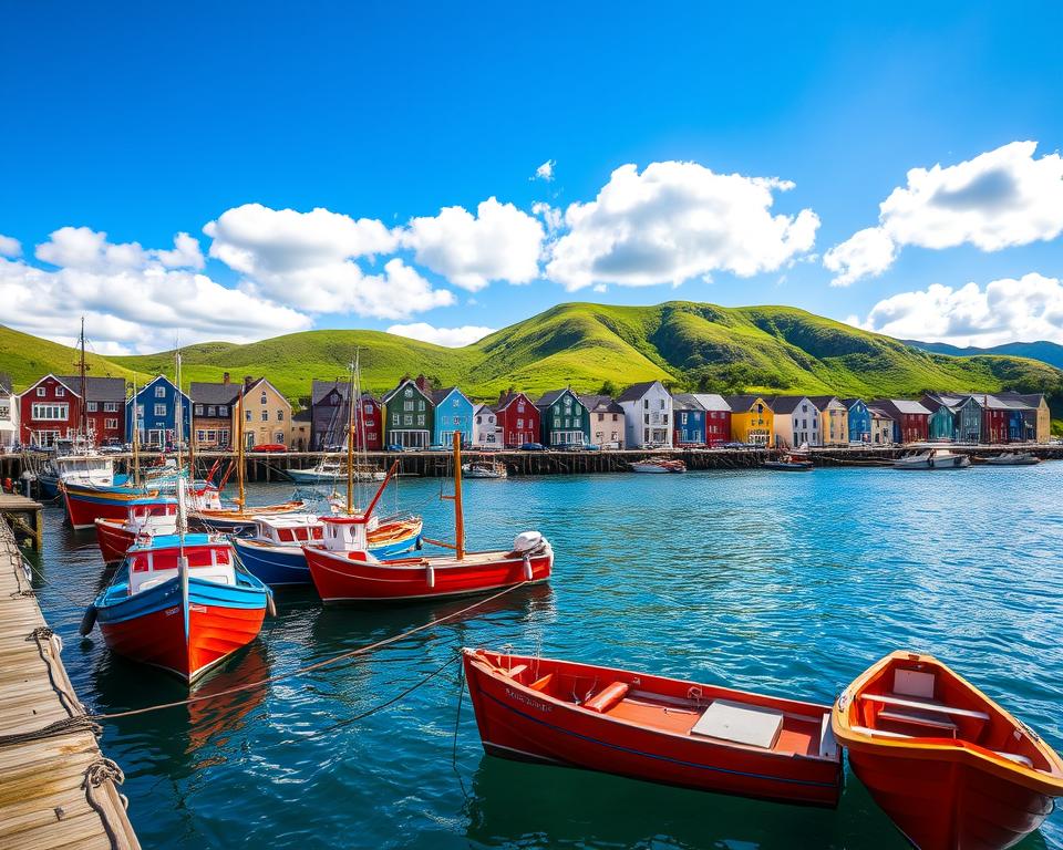 A picturesque view of the Hafen von St. John's, showcasing colorful fishing boats gently bobbing in the sparkling blue harbor waters. In the foreground, vibrant red and blue wooden boats are clustered along a rustic wooden dock. The middle ground features the charming, colorful row houses of St. John's, their pastel façades reflecting the bright sunlight. In the background, rolling green hills rise, framing the scene against a clear blue sky dotted with fluffy white clouds. The warm sunlight casts soft shadows, creating a serene atmosphere that captures the beauty and tranquility of this coastal city. The angle is slightly elevated, providing a sweeping panoramic view that highlights the unique architecture and natural beauty of the area.