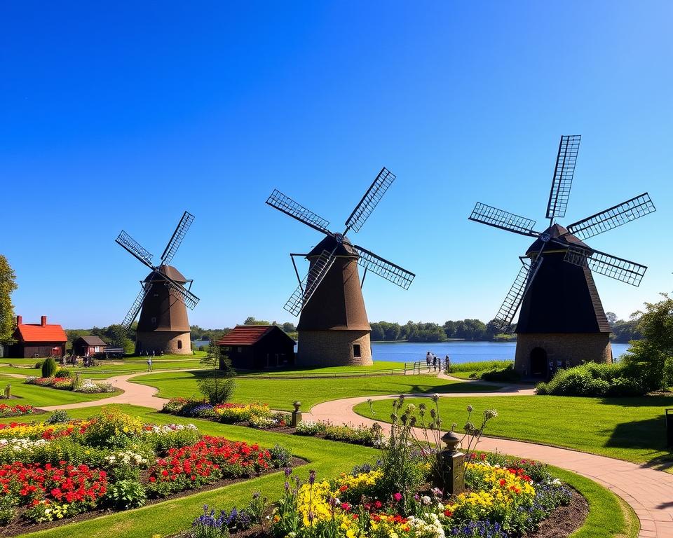 A picturesque view of the Mühlenmuseum Gifhorn featuring several traditional windmills set against a clear blue sky. In the foreground, a beautifully landscaped garden with vibrant flowers and walking paths, inviting visitors to explore. In the middle ground, the historic windmills are depicted with unique architectural details, showcasing their rustic charm. The background reveals lush greenery and a serene lake reflecting the sky, enhancing the overall tranquility of the scene. The sunlight bathes the landscape in a warm, golden hue, creating a cheerful and inviting atmosphere. The image captures a sense of discovery and appreciation for the rich history of the museum, aimed at inspiring curiosity in viewers.