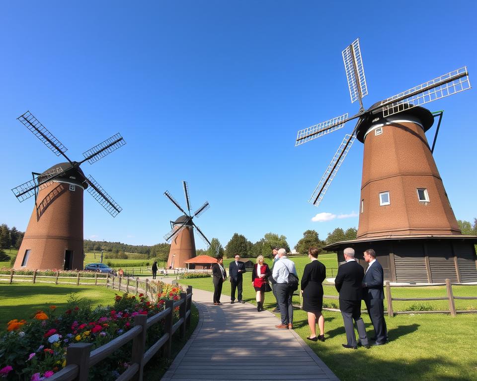 A picturesque view of the Mühlenmuseum Gifhorn, showcasing its iconic windmills set against a clear blue sky. In the foreground, a charming wooden pathway lined with vibrant flowers leads to the first windmill, while a gentle breeze causes the blades to turn slowly. The middle ground features visitors in professional business attire, admiring the intricacies of the structures, with a focus on diverse perspectives for photography. In the background, a lush green landscape with distant trees frames the scene, casting dappled sunlight across the museum area. The lighting is warm and inviting, enhancing the overall atmosphere of exploration and appreciation. Capture this moment using a wide-angle lens to emphasize the expansive beauty of the site.