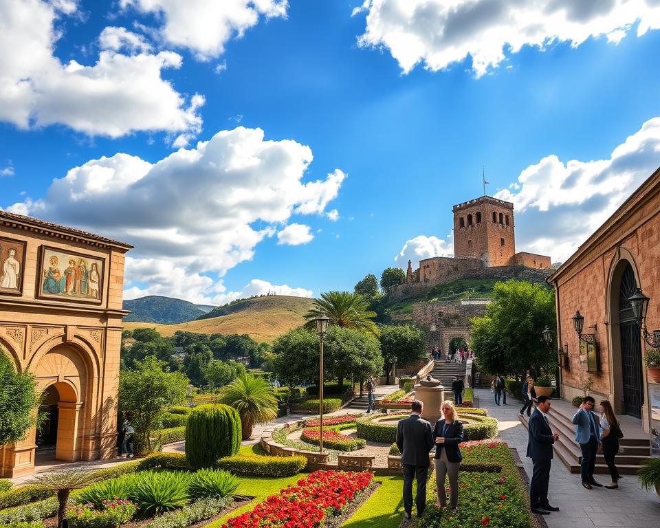 A picturesque view of the Museo di San Marino, nestled amidst the rolling hills of San Marino, Italy. In the foreground, intricately designed museum architecture featuring arched doorways and ornate frescoes. The middle ground showcases lush greenery and vibrant flowers, with visitors in professional attire exploring the outdoor exhibits, engaged in conversation while admiring the art. In the background, the majestic Guaita Tower stands on the mountainous terrain under a bright blue sky, with scattered clouds allowing sunlight to flood the scene. A warm, inviting atmosphere highlighting the rich cultural heritage of San Marino, captured in golden hour lighting to enhance the historical essence of the landscape.