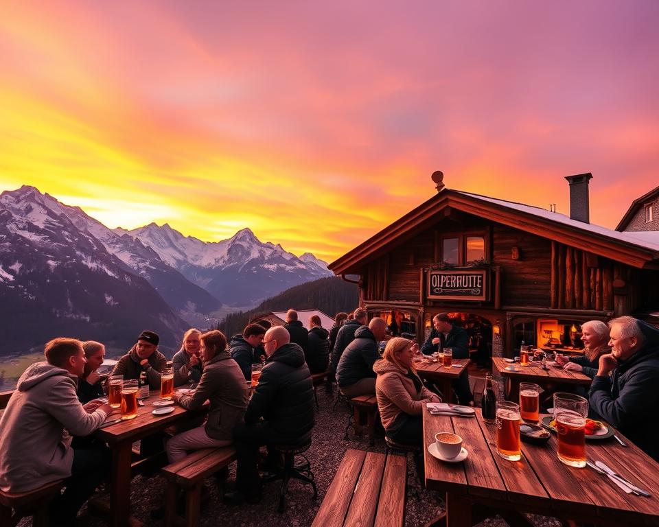 A picturesque view of the Olpererhütte, nestled in the stunning Tyrolean Alps, during a vibrant sunset. In the foreground, rustic wooden tables are set for visitors enjoying traditional Austrian fare, including hearty meals and drinks in rustic glass steins. People, dressed in comfortable, casual hiking attire, engage in warm conversations, exuding an atmosphere of camaraderie and relaxation. In the middle ground, the charming mountain hut, with its wooden façade and cozy windows, emits warm light, inviting wanderers in. The breathtaking backdrop showcases towering peaks dusted with snow, against a vibrant sky transitioning from orange to deep purple. Capture this scene using a wide-angle lens to emphasize the expanse of nature, with soft, golden hour lighting enhancing the comforting ambiance of the experience.