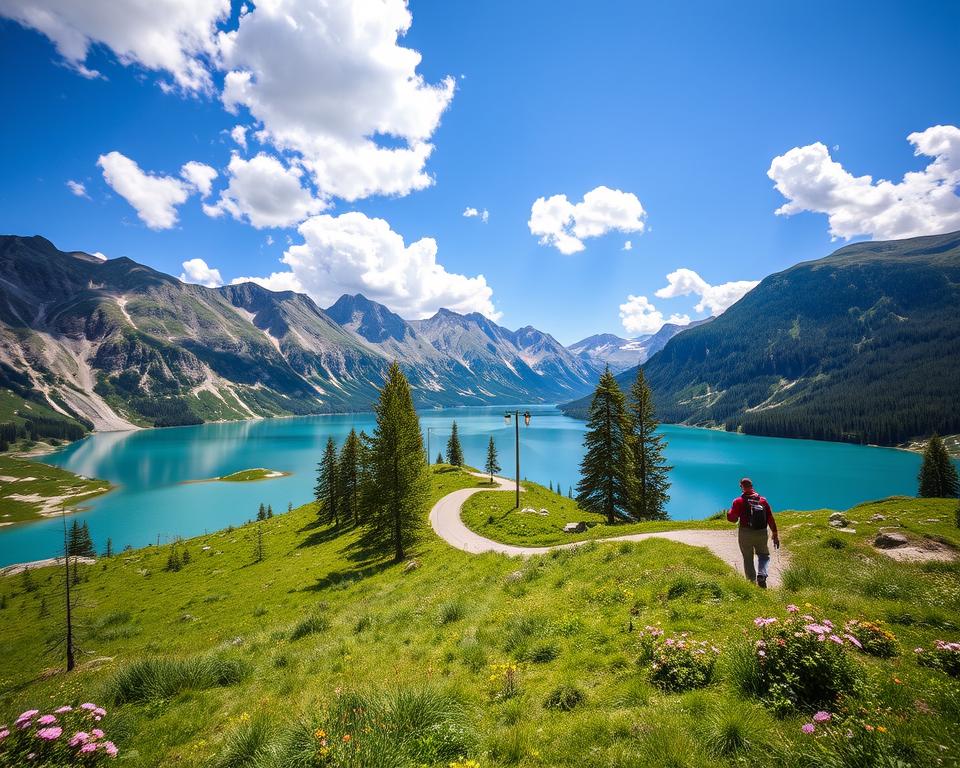 A picturesque view of the Schlegeisspeicher reservoir in Tirol, Austria, showcasing its stunning turquoise waters nestled amid majestic, towering alpine mountains. In the foreground, lush green patches of grass and wildflowers sway gently in a light breeze. The middle ground features a winding path leading to the reservoir, lined with spruce trees and hikers dressed in modest casual clothing, enjoying the scenic journey. In the background, jagged peaks of the Zillertal Alps rise dramatically into a bright, clear blue sky with fluffy white clouds, adding depth to the composition. The scene is illuminated by soft, natural daylight, creating a tranquil and inviting atmosphere, capturing the essence of adventure and nature’s beauty in this mountainous region. The angle showcases the expansive landscape, inviting viewers into the serene beauty of the area.