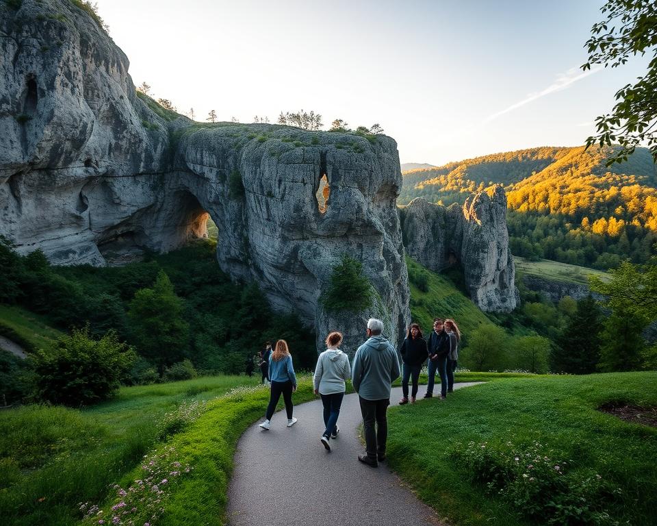 A picturesque view of the Schlossberghöhlen in Homburg, showcasing its stunning natural limestone formations and the breathtaking light filtering through the cave openings. In the foreground, include a well-maintained path with lush greenery and subtle flowers, inviting visitors to explore. In the middle ground, depict a small group of tourists dressed in casual clothing, intently observing the unique rock formations, highlighting the moment of discovery. The background should feature the surrounding lush hills and trees, with a soft, tranquil sky bathed in warm sunset light, creating an uplifting and adventurous atmosphere. Utilize a wide-angle lens for a comprehensive view and a slightly elevated perspective to enhance the depth and beauty of the scene.