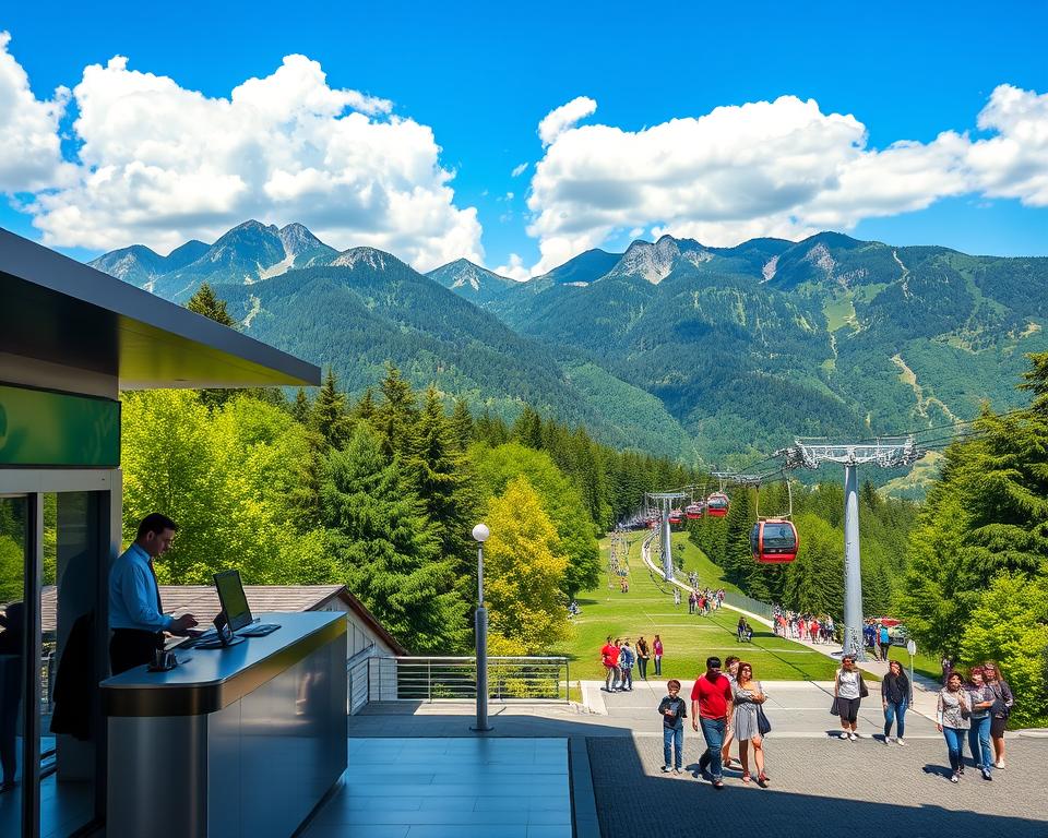 A picturesque view of the Sommerbergbahn in Bad Wildbad, showcasing the scenic cable car station surrounded by lush green mountains during summer. In the foreground, include a sleek and modern ticket counter staffed by an attendant in professional attire, helping visitors. The middle ground features the cable cars ascending through vibrant trees, while groups of people enjoying the outdoors can be seen, dressed in modest casual clothing. In the background, capture the stunning peaks under a bright blue sky with fluffy white clouds, symbolizing the adventure awaiting guests. The lighting is warm and inviting, reminiscent of a sunny afternoon, with soft shadows enhancing the natural beauty of the landscape. The image embodies a friendly and inviting atmosphere, encouraging exploration and outdoor fun.