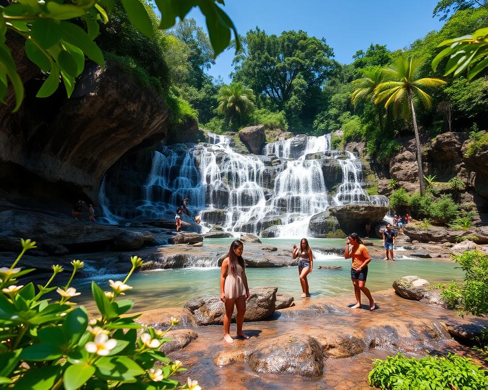 A picturesque view of the Sticky Waterfall Bua Tong in Chiang Mai, showcasing its unique limestone formations and distinctively sticky, swirling water cascading over the rocks. In the foreground, vibrant green foliage and small flowers frame the scene, while adventurous visitors, dressed in modest casual clothing, enjoy climbing and splashing in the water. The middle ground features the multi-layered waterfalls glistening under soft afternoon sunlight, with hints of turquoise water pooling smoothly at various levels. In the background, lush tropical trees rise steeply, contrasting against a brilliant blue sky. The atmosphere is serene and inviting, capturing the natural beauty and wonder of this unique destination. The image should be captured in a wide-angle view to convey the grandeur of the waterfall and its surroundings. A picturesque view of the Sticky Waterfall Bua Tong in Chiang Mai, showcasing its unique limestone formations and distinctively sticky, swirling water cascading over the rocks. In the foreground, vibrant green foliage and small flowers frame the scene, while adventurous visitors, dressed in modest casual clothing, enjoy climbing and splashing in the water. The middle ground features the multi-layered waterfalls glistening under soft afternoon sunlight, with hints of turquoise water pooling smoothly at various levels. In the background, lush tropical trees rise steeply, contrasting against a brilliant blue sky. The atmosphere is serene and inviting, capturing the natural beauty and wonder of this unique destination. The image should be captured in a wide-angle view to convey the grandeur of the waterfall and its surroundings.