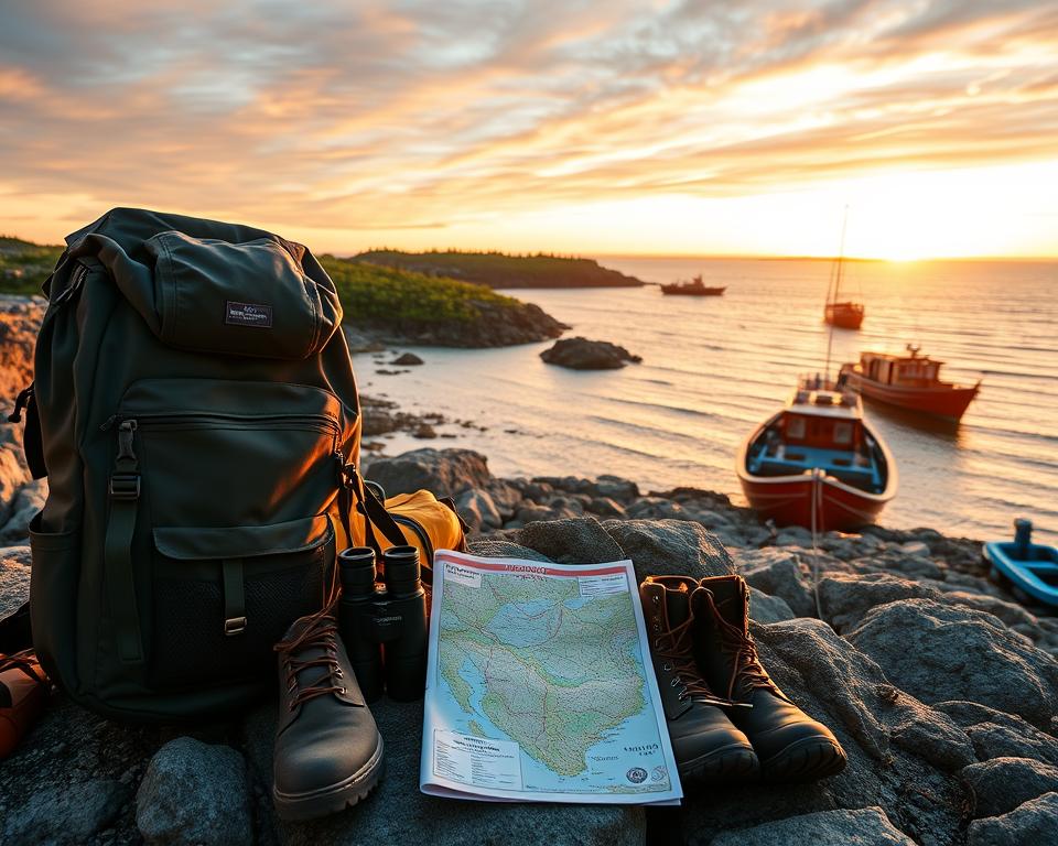 A picturesque view of the Swedish archipelago coast during the golden hour, showcasing a well-organized packing list theme. In the foreground, there are neatly arranged travel essentials like a waterproof backpack, hiking boots, a map, and a pair of binoculars. In the middle ground, a serene coastline with rocky shores and lush green islands can be seen under a vibrant sunset sky. The background features gently rolling waves and traditional wooden boats anchored nearby, enhancing the sense of exploration. Soft, warm lighting casts a tranquil glow over the scene, evoking a sense of adventure and preparation. Capture the image with a wide-angle lens to emphasize the beauty of the archipelago and create an inviting atmosphere for travelers.
