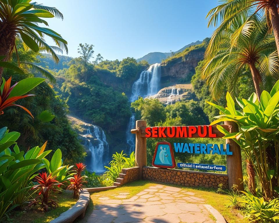 A picturesque view of the official entrance to Sekumpul Waterfall, set in a lush tropical landscape. In the foreground, a stone pathway leads through vibrant green foliage and exotic plants, inviting visitors. Brightly colored entrance signage made of natural materials is visible, blending seamlessly with the environment. In the middle ground, the majestic waterfalls cascade down rocky cliffs, surrounded by dense jungle, with water sparkling in the sunlight. The background features a clear blue sky and distant mountains, creating depth. The lighting is warm and golden, evoking a sense of adventure and serenity. The scene captures the essence of exploring a hidden gem, emphasizing the beauty and natural splendor of the area.