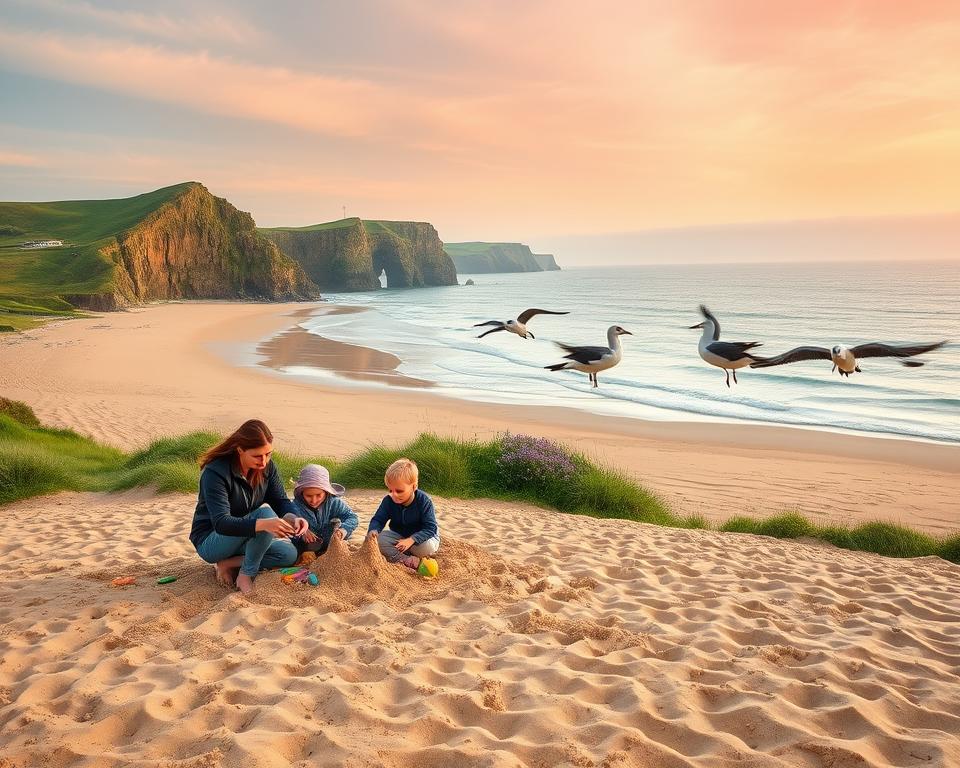 A picturesque view of the stunning beaches of Ireland, featuring soft golden sands and gentle waves lapping at the shore. In the foreground, a family with modest casual clothing enjoys building sandcastles, surrounded by colorful beach toys. The middle ground showcases a lush green landscape dotted with dramatic cliffs and vibrant wildflowers, while a group of playful seabirds flit above the water's surface. In the background, a pastel sunset casts warm hues across the sky, creating a peaceful and inviting atmosphere. The image captures the joy of a family vacation at the beach, highlighting the beauty of Ireland's coastal regions. Natural lighting enhances the serene mood, and the use of a wide-angle lens accentuates the expansive beach and picturesque surroundings.