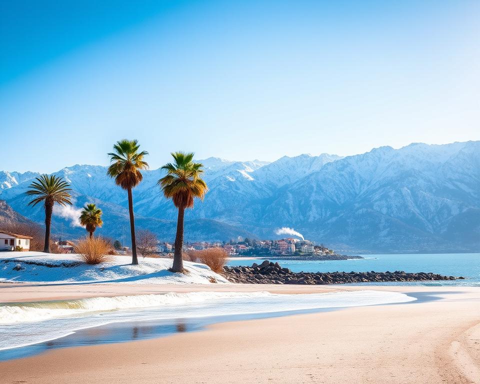 A picturesque winter scene in Albania, showcasing a dramatic contrast between the coastal and mountainous landscapes. In the foreground, a serene beach with gentle waves, dusted lightly with snow, while a few hardy palm trees stand resilient against the cold. The middle ground features a quaint seaside village nestled along the coast, smoke curling from chimneys, indicating warmth inside. In the background, majestic snow-capped mountains rise against a clear blue sky, capturing the essence of winter's chill. The lighting is soft and natural, creating a tranquil atmosphere, with the sun low in the sky, casting long shadows. Capture this scene with a wide-angle lens to emphasize the vastness of the landscape, evoking a sense of wonder and peace in Albania's winter charm. A picturesque winter scene in Albania, showcasing a dramatic contrast between the coastal and mountainous landscapes. In the foreground, a serene beach with gentle waves, dusted lightly with snow, while a few hardy palm trees stand resilient against the cold. The middle ground features a quaint seaside village nestled along the coast, smoke curling from chimneys, indicating warmth inside. In the background, majestic snow-capped mountains rise against a clear blue sky, capturing the essence of winter's chill. The lighting is soft and natural, creating a tranquil atmosphere, with the sun low in the sky, casting long shadows. Capture this scene with a wide-angle lens to emphasize the vastness of the landscape, evoking a sense of wonder and peace in Albania's winter charm.