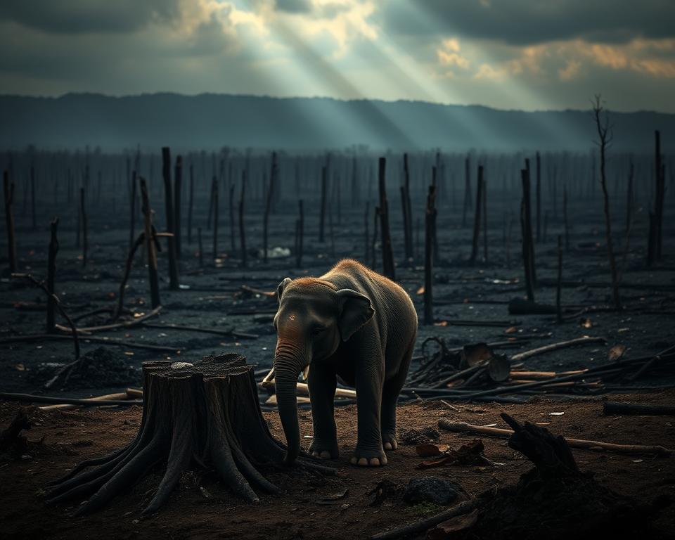 A poignant scene depicting the urgent threats to the habitat of Sumatran elephants. In the foreground, a distressed baby elephant stands near a tree stump, looking lost and vulnerable. The middle ground features expansive deforested areas with charred tree trunks and scattered debris, symbolizing destruction and loss. In the background, a smoky haze envelops the horizon, signifying ongoing deforestation. The lighting is dim and overcast, creating a somber atmosphere, with shafts of diffused light breaking through the clouds to illuminate the elephant’s sad expression. The camera angle is slightly low, emphasizing the elephant’s vulnerability against the harsh landscape. This powerful image captures the essence of habitat destruction and its effect on these majestic creatures, evoking empathy and raising awareness of conservation efforts needed. A poignant scene depicting the urgent threats to the habitat of Sumatran elephants. In the foreground, a distressed baby elephant stands near a tree stump, looking lost and vulnerable. The middle ground features expansive deforested areas with charred tree trunks and scattered debris, symbolizing destruction and loss. In the background, a smoky haze envelops the horizon, signifying ongoing deforestation. The lighting is dim and overcast, creating a somber atmosphere, with shafts of diffused light breaking through the clouds to illuminate the elephant’s sad expression. The camera angle is slightly low, emphasizing the elephant’s vulnerability against the harsh landscape. This powerful image captures the essence of habitat destruction and its effect on these majestic creatures, evoking empathy and raising awareness of conservation efforts needed.