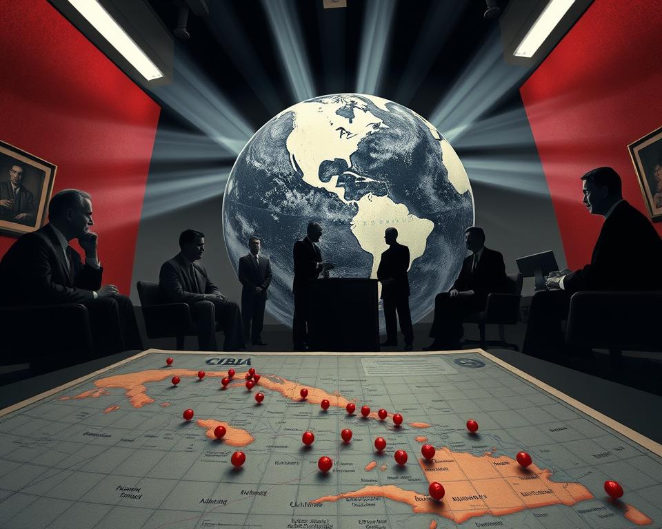 A powerful illustration capturing the tension of the Cold War escalation spiral, focused on the Cuban Missile Crisis. Foreground: a detailed depiction of a vintage map of Cuba, with pinpoints and charts showing strategic military positions. Middle ground: silhouettes of political leaders engaged in intense discussion, dressed in 1960s business attire, set against a backdrop of stark office furnishings symbolizing high-stakes negotiations. Background: the ominous image of a darkened globe, highlighting the global impact of the crisis, shrouded in shadow with beams of harsh, cold light streaming in. The atmosphere should evoke unease and urgency, with contrasting warm and cool tones, emphasizing the weight of decision-making during this historical period. Use a slight fisheye lens effect to enhance the sense of looming pressure.