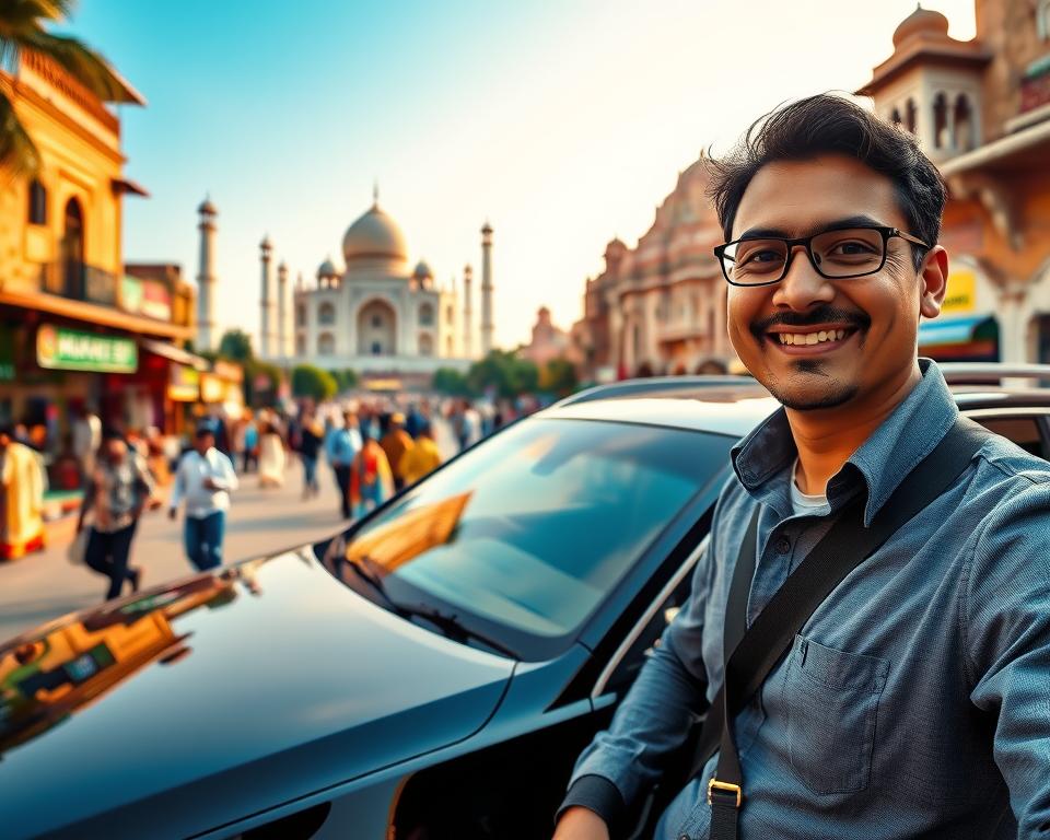 A private driver in India, dressed in professional attire, stands beside a luxury vehicle on a vibrant street in the Golden Triangle region, showcasing the exotic landscapes and rich architecture. In the foreground, the driver smiles, ready to assist, while behind him, the iconic sights of Agra's Taj Mahal and Jaipur's Hawa Mahal rise majestically. The middle ground features bustling activity with travelers exploring local shops, while the background boasts a clear blue sky with soft, golden sunlight illuminating the historic monuments. The scene evokes a sense of adventure, welcoming warmth, and cultural richness, with a focus on transport options for navigating this beautiful region. A wide-angle lens captures the dynamic environment, emphasizing both the driver and the stunning landmarks.