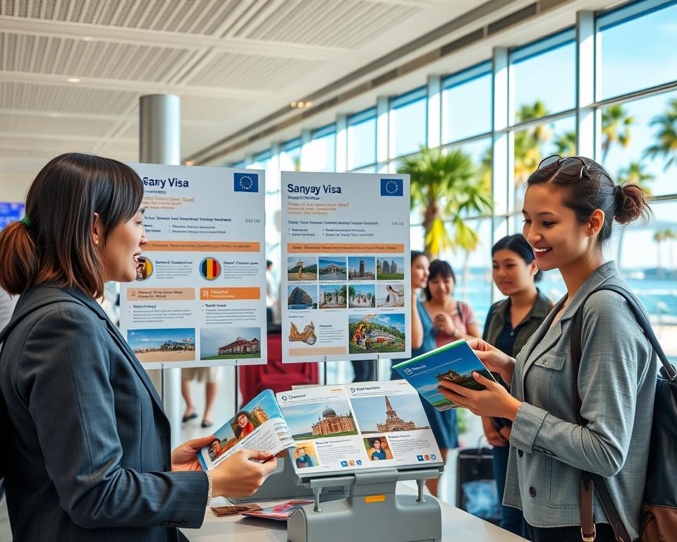 A professional depiction of a tourist desk at Sanya's airport, showcasing a well-organized display of visa and entry requirement documents specifically for German travelers. In the foreground, a friendly airport staff member, dressed in professional business attire, is assisting a diverse group of travelers who are looking at a colorful brochure about Sanya. The middle layer features prominently displayed informational posters outlining visa categories and entry regulations, with eye-catching graphics of Sanya's attractions. The background includes a bustling airport terminal with large windows revealing tropical palm trees and a clear blue sky outside, conveying a welcoming atmosphere. Soft, natural lighting enhances the scene, evoking a sense of excitement and anticipation for the travelers.