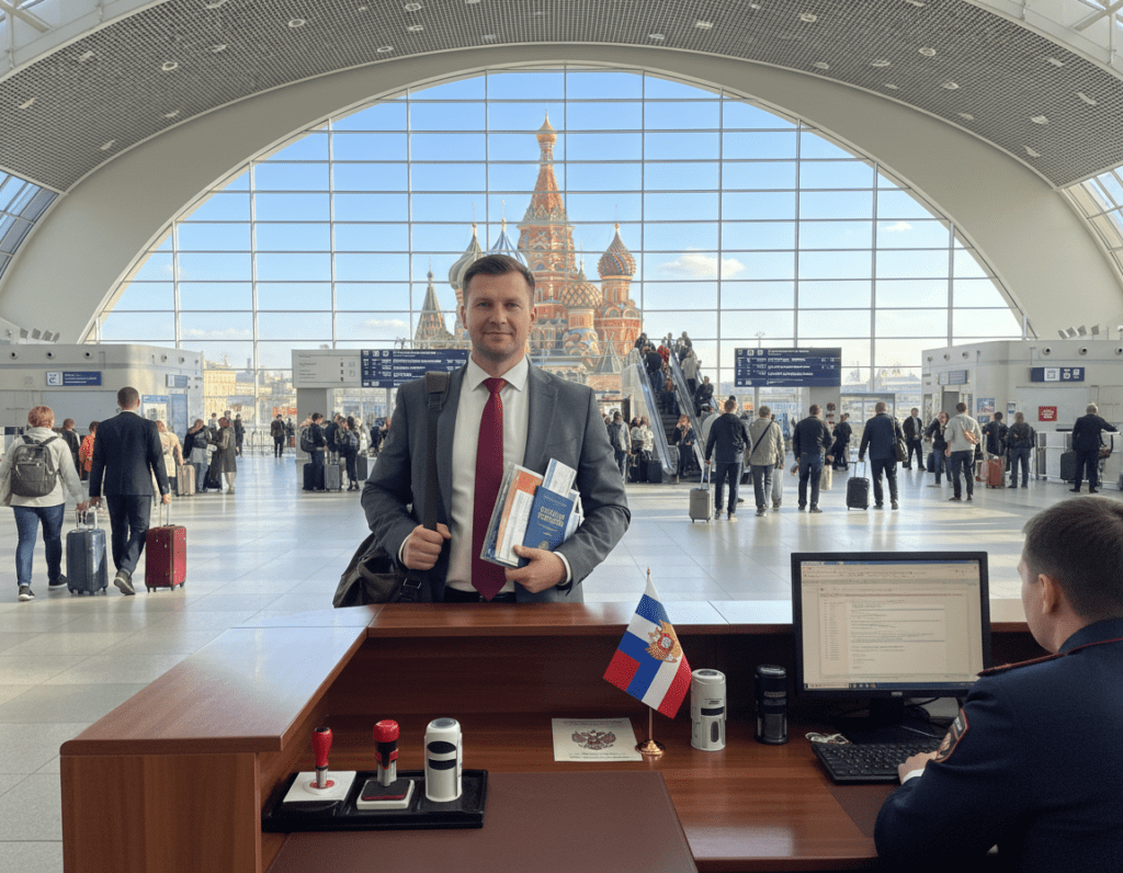 A professional traveler standing at an entry point of Russia, dressed in a smart business suit, holding a travel guide and important documents. In the foreground, a detailed passport control desk with official-looking stamps and flags representing Russia. The middle ground features a bustling airport terminal, with travelers and staff engaged in various activities, conveying a sense of organization and efficiency. The background showcases a large window revealing a view of the iconic St. Basil's Cathedral under a clear blue sky, with soft, natural lighting illuminating the scene. The atmosphere is focused and welcoming, capturing the essence of preparing for travel to Russia.