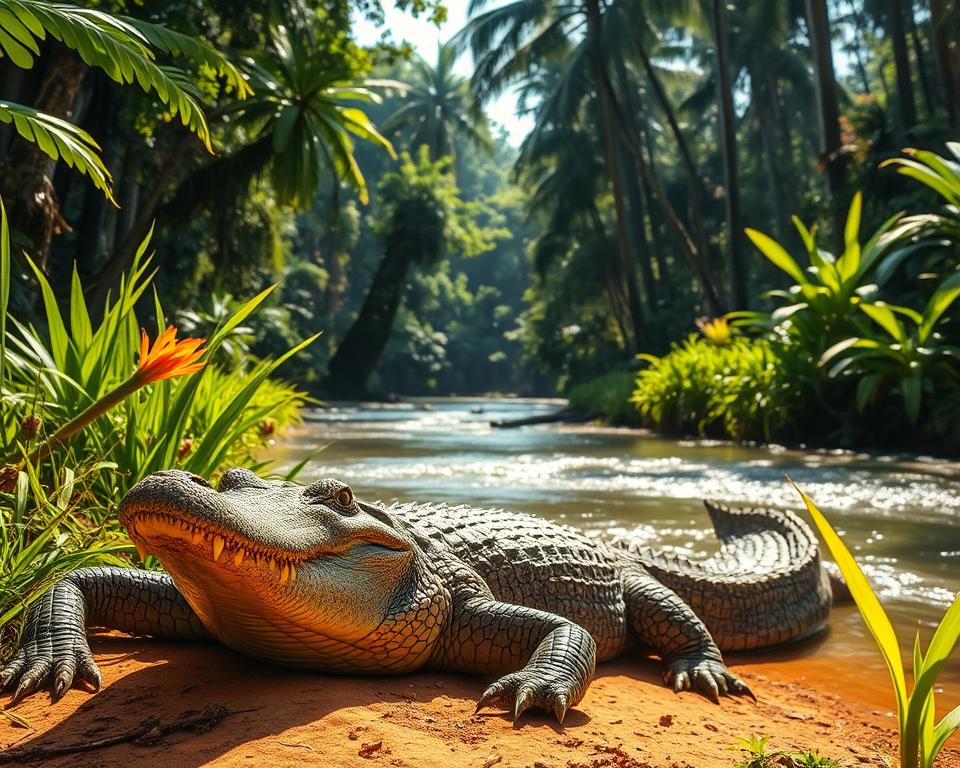 A realistic depiction of a "Leistenkrokodil" in its natural habitat in Thailand, positioned prominently in the foreground with its powerful jaw partially open, showcasing sharp teeth. The crocodile is basking on a warm, sunlit riverbank, surrounded by lush greenery, tall grasses, and tropical plants that add vibrant colors. In the middle ground, a gentle flow of the river reflects the shimmering sunlight, creating a serene atmosphere. The background features a dense jungle with tall trees, casting dappled shadows across the scene. Utilize natural, warm lighting to enhance the vibrant colors and textures of the crocodile's tough skin and the surrounding environment. Capture the scene from a low angle to emphasize the crocodile's imposing presence while maintaining a sense of intrigue and respect for nature. A realistic depiction of a "Leistenkrokodil" in its natural habitat in Thailand, positioned prominently in the foreground with its powerful jaw partially open, showcasing sharp teeth. The crocodile is basking on a warm, sunlit riverbank, surrounded by lush greenery, tall grasses, and tropical plants that add vibrant colors. In the middle ground, a gentle flow of the river reflects the shimmering sunlight, creating a serene atmosphere. The background features a dense jungle with tall trees, casting dappled shadows across the scene. Utilize natural, warm lighting to enhance the vibrant colors and textures of the crocodile's tough skin and the surrounding environment. Capture the scene from a low angle to emphasize the crocodile's imposing presence while maintaining a sense of intrigue and respect for nature.