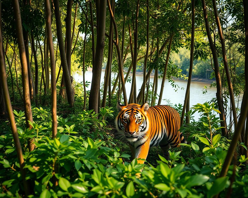 A regal Bengal tiger prowling through the lush, dense mangroves of the Sundarbans, showcasing its striking orange and black stripes in vivid detail. In the foreground, the tiger emerges cautiously from the thick underbrush, its amber eyes intensely focused. The middle ground features tall, slender mangrove trunks, with vivid green foliage reflecting the dense jungle habitat. The background reveals a serene river winding through the landscape, with dappled sunlight filtering through the trees, casting soft shadows on the ground. The atmosphere is tranquil yet charged with the wild essence of the Sundarbans, evoking a sense of mystery and the majesty of nature. Capture this scene with warm, natural lighting, taken with a wide-angle lens to encompass the beauty of the surroundings.