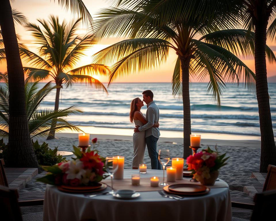 A romantic South American scene perfect for honeymooners, featuring an intimate beach setting at sunset. In the foreground, a beautifully arranged table for two with elegant dining ware, surrounded by tropical flowers and candles casting a warm glow. In the middle, a couple enjoying a serene moment together in modest casual clothing, gazing into each other's eyes, framed by lush palm trees swaying gently in the breeze. The background showcases a picturesque coastline with soft waves lapping at the shore, the sky painted in rich oranges and purples. Soft, golden lighting enhances the idyllic atmosphere, creating a dreamy, enchanting vibe suitable for a honeymoon destination.