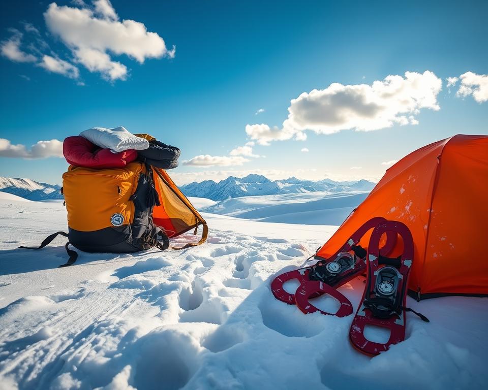 A rugged outdoor scene depicting high-quality cold weather gear for wilderness explorers, foreground shows a sturdy backpack filled with essential equipment like thermal blankets, a compass, and snowshoes. A tent, bright orange against the white snow, is partially set up in the middle ground, surrounded by footprints leading into the rich snowy landscape. The background features distant snow-capped mountains under a clear blue sky with a few fluffy clouds, hinting at the chill in the air. The lighting is soft and diffused, suggesting early morning illumination that casts gentle shadows, enhancing the serene yet adventurous atmosphere. The mood conveys readiness and safety in the face of nature’s harsh elements, inspiring confidence in exploration. A rugged outdoor scene depicting high-quality cold weather gear for wilderness explorers, foreground shows a sturdy backpack filled with essential equipment like thermal blankets, a compass, and snowshoes. A tent, bright orange against the white snow, is partially set up in the middle ground, surrounded by footprints leading into the rich snowy landscape. The background features distant snow-capped mountains under a clear blue sky with a few fluffy clouds, hinting at the chill in the air. The lighting is soft and diffused, suggesting early morning illumination that casts gentle shadows, enhancing the serene yet adventurous atmosphere. The mood conveys readiness and safety in the face of nature’s harsh elements, inspiring confidence in exploration.