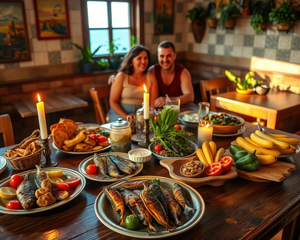 A rustic dining scene set in a charming Madeira restaurant, showcasing an array of traditional dishes. In the foreground, a beautifully arranged wooden table is filled with vibrant plates of grilled sardines, bolo do caco (local bread), and fresh vegetables, accented by colorful tropical fruits such as passion fruit and bananas. In the middle ground, warm candlelight casts a soft glow, illuminating a couple enjoying their meal, dressed in modest casual clothing, with expressions of delight. The background features the restaurant's tiled walls adorned with local artwork and green potted plants. The atmosphere is intimate and inviting, suggesting a hidden culinary gem amidst the stunning Madeira landscape, with late afternoon sunlight filtering through the windows, creating a warm, welcoming mood. Capture the essence of an unforgettable dining experience on Madeira.