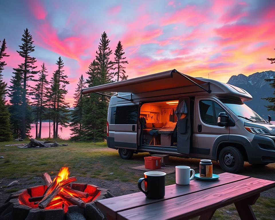 A scenic Canadian campsite at sunrise, featuring a cozy camper van parked beside a tranquil lake surrounded by lush pine trees. In the foreground, a small campfire crackles with glowing embers, and a picnic table is set with camping gear and a steaming coffee mug. In the middle, the camper van's side is open, revealing comfortable furnishings, outdoor gear neatly organized, and a raised awning casting soft shadows. The background showcases majestic mountains under a vibrant sky painted with pink and orange hues of dawn. The atmosphere is serene and inviting, evoking a sense of adventure and tranquility. Natural lighting highlights the details, while a wide-angle view captures the beauty of this idyllic camping experience in Canada. A scenic Canadian campsite at sunrise, featuring a cozy camper van parked beside a tranquil lake surrounded by lush pine trees. In the foreground, a small campfire crackles with glowing embers, and a picnic table is set with camping gear and a steaming coffee mug. In the middle, the camper van's side is open, revealing comfortable furnishings, outdoor gear neatly organized, and a raised awning casting soft shadows. The background showcases majestic mountains under a vibrant sky painted with pink and orange hues of dawn. The atmosphere is serene and inviting, evoking a sense of adventure and tranquility. Natural lighting highlights the details, while a wide-angle view captures the beauty of this idyllic camping experience in Canada.