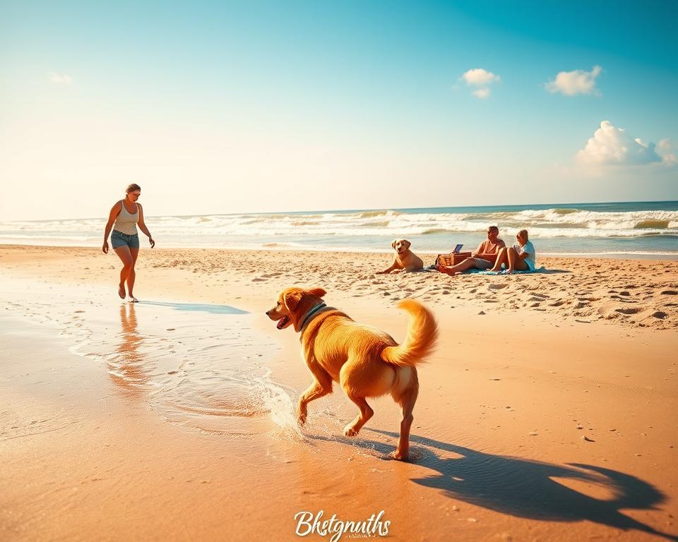 A scenic beach at St. Peter-Ording, capturing the essence of a dog-friendly vacation. In the foreground, a golden retriever playfully running along the sandy shore, splashing water as it darts towards its owner, a person in modest casual attire, enjoying the moment. In the middle ground, a family relaxing on a beach blanket with a picnic, their joyful labrador resting beside them. The soft, warm light of a late afternoon sun creates a golden hue, enhancing the tranquil atmosphere. In the background, gentle waves roll in, framed by a few fluffy clouds in a bright blue sky. The overall mood is cheerful and inviting, showcasing the harmony between nature and joyful moments with pets.