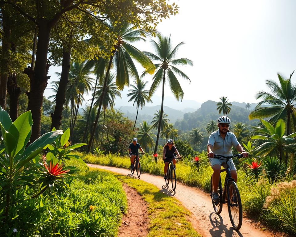A scenic bike tour in Khao Yai National Park, Thailand, featuring a bright sunny day. In the foreground, a winding trail lined with lush green foliage is vividly detailed, showing cyclists in modest casual clothing enjoying the ride. In the middle ground, tropical flora and fauna, including tall palm trees and vibrant flowers, create a rich tapestry of colors. The background showcases distant hills and soft mountains bathed in natural light, enhancing the serene atmosphere. Soft shadows cast by the trees create depth, with rays of sunlight filtering through the leaves, adding a warm, inviting glow to the scene. The overall mood is adventurous and peaceful, encapsulating the spirit of outdoor exploration. A scenic bike tour in Khao Yai National Park, Thailand, featuring a bright sunny day. In the foreground, a winding trail lined with lush green foliage is vividly detailed, showing cyclists in modest casual clothing enjoying the ride. In the middle ground, tropical flora and fauna, including tall palm trees and vibrant flowers, create a rich tapestry of colors. The background showcases distant hills and soft mountains bathed in natural light, enhancing the serene atmosphere. Soft shadows cast by the trees create depth, with rays of sunlight filtering through the leaves, adding a warm, inviting glow to the scene. The overall mood is adventurous and peaceful, encapsulating the spirit of outdoor exploration.