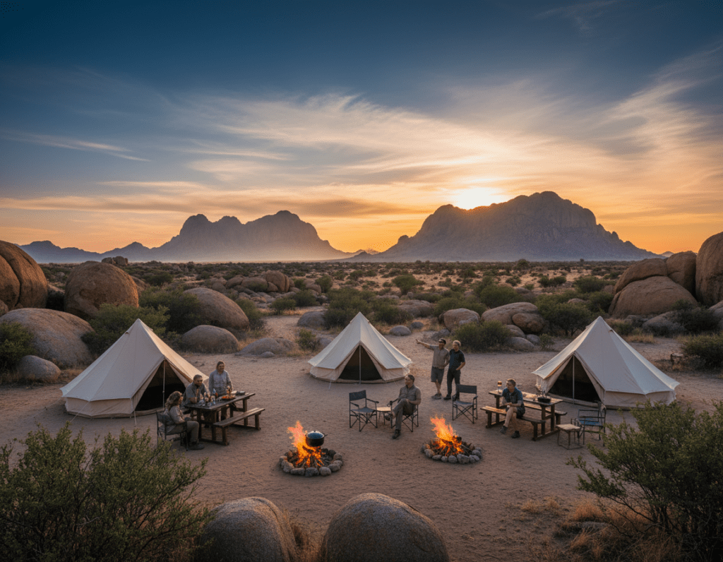 A scenic camping area at Spitzkoppe, Namibia, highlighting several cozy camping spots. In the foreground, glowing campfires illuminate a few tents and picnic tables surrounded by natural rocks and sparse vegetation. The middle ground features a vibrant blue sky with wispy clouds, and a few people in modest casual clothing engaging in conversations or cooking, embodying a sense of community and adventure. The spectacular granite mountains rise majestically in the background, casting dramatic shadows as the sun sets, bathing the landscape in warm golden hues. The atmosphere is serene and inviting, perfect for an unforgettable outdoor experience, captured with a wide-angle lens to emphasize the vastness of the scenery and intimate camping experience. A scenic camping area at Spitzkoppe, Namibia, highlighting several cozy camping spots. In the foreground, glowing campfires illuminate a few tents and picnic tables surrounded by natural rocks and sparse vegetation. The middle ground features a vibrant blue sky with wispy clouds, and a few people in modest casual clothing engaging in conversations or cooking, embodying a sense of community and adventure. The spectacular granite mountains rise majestically in the background, casting dramatic shadows as the sun sets, bathing the landscape in warm golden hues. The atmosphere is serene and inviting, perfect for an unforgettable outdoor experience, captured with a wide-angle lens to emphasize the vastness of the scenery and intimate camping experience.