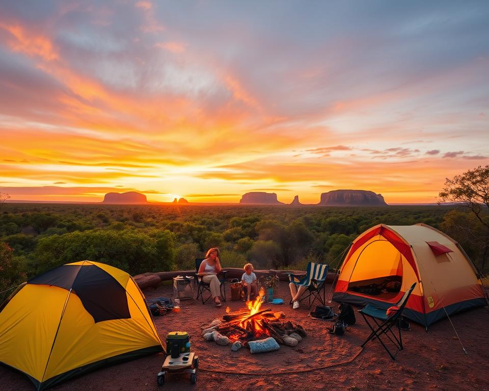 A scenic camping setup in Kakadu National Park, Australia during the golden hour. In the foreground, a cozy campsite with a brightly colored tent, a campfire crackling, and camping gear scattered neatly around. A family of four, dressed in modest, casual clothing, is enjoying the setting, with one person cooking over the fire and others relaxing on portable chairs. In the middle ground, lush green bushland and unique rock formations characteristic of Kakadu create a stunning backdrop. The sky is painted with warm hues of orange and pink as the sun sets, casting a soft, warm light over the scene. In the distance, silhouettes of ancient sandstone cliffs rise against the horizon, enveloping the campsite in a tranquil, adventurous atmosphere.