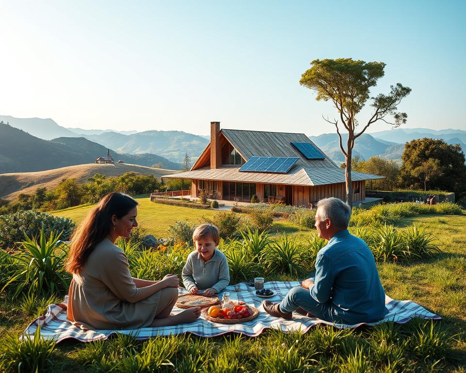 A scenic family vacation scene centered around sustainable travel. In the foreground, a family with two children, all dressed in modest casual clothing, enjoys a picnic on a blanket made from eco-friendly materials, surrounded by lush greenery. In the middle ground, a breathtaking eco-lodge built from natural materials, featuring solar panels and surrounded by flower gardens, depicts a perfect blend of nature and comfort. The background showcases rolling hills and a clear blue sky, emphasizing the beauty of the outdoors. The lighting is warm and inviting, resembling a cozy late afternoon, with soft sunlight filtering through the trees, creating golden highlights. The overall mood is joyful and adventurous, reflecting the excitement of family bonding in an eco-conscious setting.