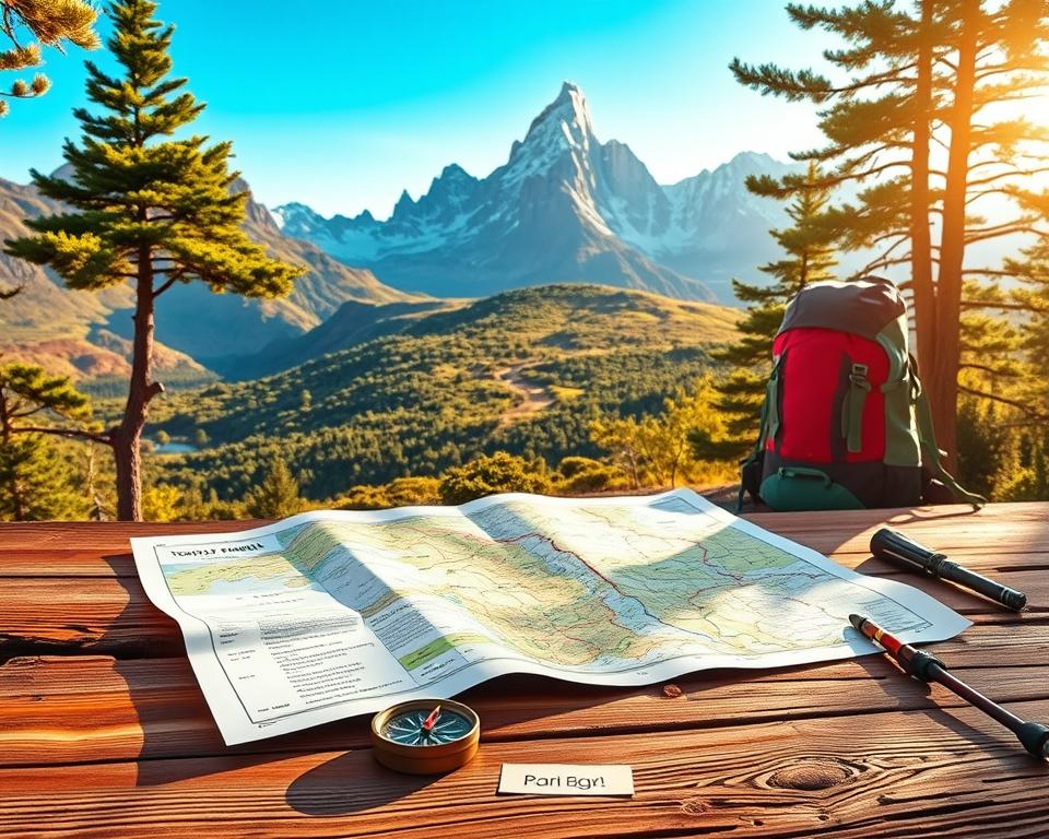 A scenic illustration depicting the planning of an ideal hiking route in Torres del Paine National Park. In the foreground, a detailed topographic map of the park lies open on a rustic wooden table, with a compass and hiking gear, such as trekking poles and a backpack, placed nearby. In the middle ground, lush greenery and rugged trails intertwine, leading to iconic peaks like the Torres. The background features dramatic mountains capped with snow under a clear blue sky, creating a vibrant atmosphere of adventure. Soft, warm sunlight filters through the trees, casting gentle shadows. The composition should evoke a sense of exploration and excitement, inviting viewers to imagine their journey through this breathtaking landscape.