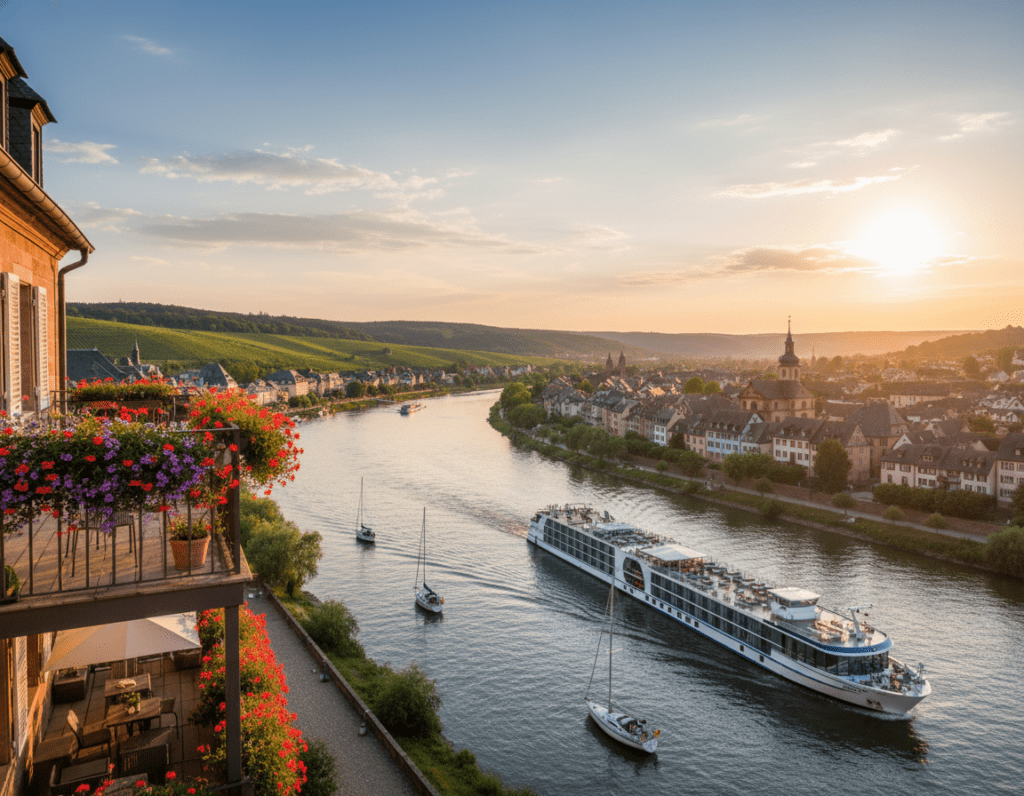 A scenic image of an Arosa river cruise route, showcasing a majestic river winding through lush green landscapes. In the foreground, a modern Arosa cruise ship glides smoothly on the water, with sailboats gently bobbing nearby. The middle ground features charming European towns with historic buildings, colorful facades, and flowering balconies lining the riverbanks. In the background, rolling hills and vineyards ascend towards a bright blue sky dotted with fluffy white clouds. The setting sun casts a warm golden light over the scene, creating a serene and inviting atmosphere, perfect for a leisurely cruise experience. A panoramic view captures the elegance of the journey, emphasizing the beauty of Europe’s rivers and their enchanting destinations.