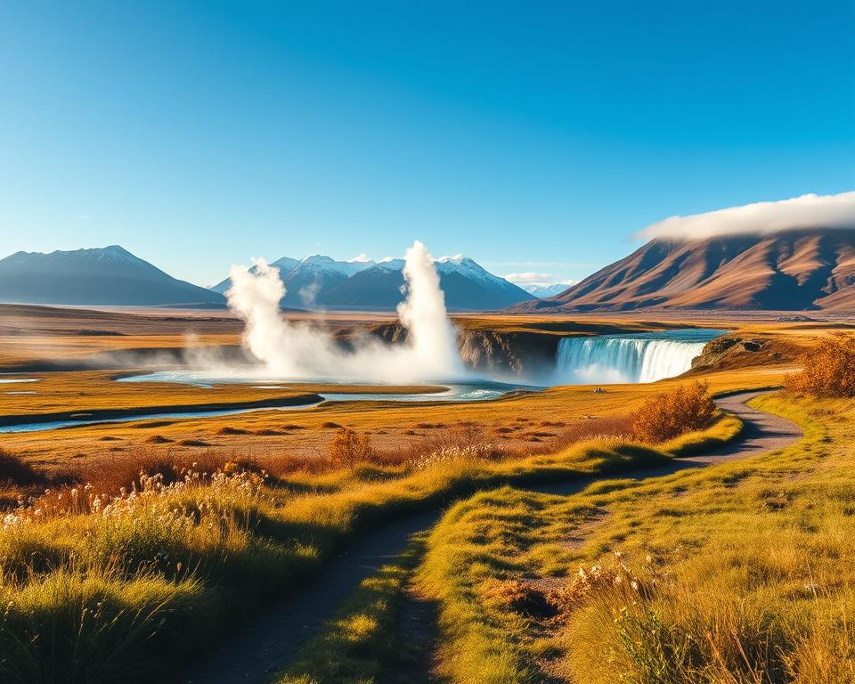 A scenic landscape capturing the essence of the Golden Circle in Iceland, showcasing the breathtaking geothermal features and dramatic waterfalls. In the foreground, there is a meandering path lined with wildflowers, inviting travelers to explore. The middle ground features iconic landmarks like the Geysir geothermal area and Gullfoss waterfall, with steam rising gently into the air, under a clear blue sky. In the background, majestic mountains loom, partially shrouded in mist, enhancing the mystical atmosphere. The lighting is soft and golden, suggesting early morning or late afternoon, creating an inviting and calm mood. The scene conveys a stress-free journey, perfect for leisurely exploration.
