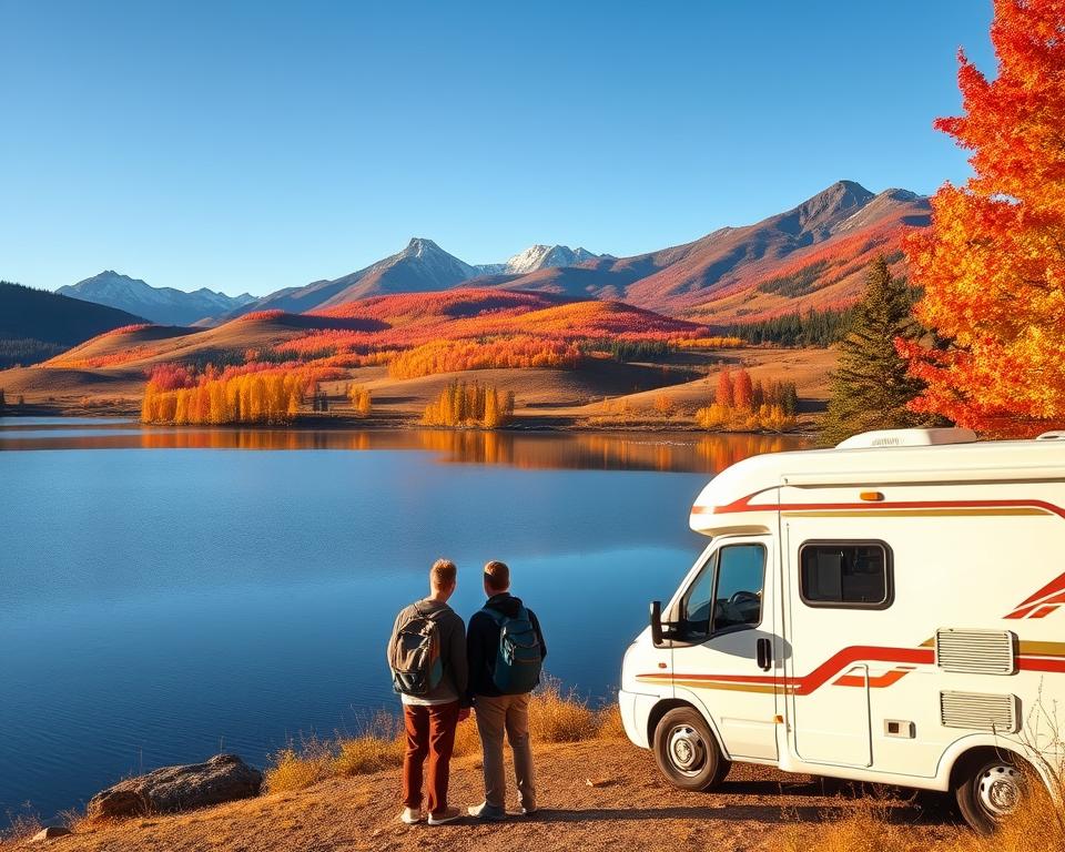 A scenic landscape of Canada during the peak season for camper travel, showcasing a vibrant autumn setting with colorful foliage of red, orange, and gold. In the foreground, a cozy camper van parked beside a tranquil lake, reflecting the stunning autumn colors. A couple in modest, casual clothing stands by the lake, admiring the view, with their backpacks set down nearby. The middle ground features gently rolling hills dotted with trees and patches of wildflowers, creating a sense of adventure. In the background, majestic mountains rise under a clear blue sky, with soft, warm sunlight illuminating the scene, giving a sense of joy and exploration. The overall mood is peaceful and inviting, perfect for a memorable camper tour in Canada. A scenic landscape of Canada during the peak season for camper travel, showcasing a vibrant autumn setting with colorful foliage of red, orange, and gold. In the foreground, a cozy camper van parked beside a tranquil lake, reflecting the stunning autumn colors. A couple in modest, casual clothing stands by the lake, admiring the view, with their backpacks set down nearby. The middle ground features gently rolling hills dotted with trees and patches of wildflowers, creating a sense of adventure. In the background, majestic mountains rise under a clear blue sky, with soft, warm sunlight illuminating the scene, giving a sense of joy and exploration. The overall mood is peaceful and inviting, perfect for a memorable camper tour in Canada.