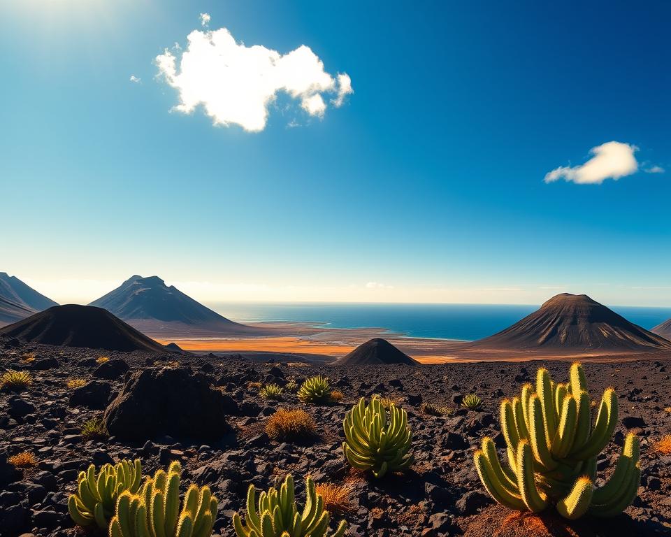 A scenic landscape of Lanzarote, showcasing its unique volcanic terrain under a bright blue sky with a few soft, fluffy clouds. In the foreground, vibrant green cactus plants dot the rocky surface, emphasizing the island's arid climate. The middle ground features dramatic, black volcanic cones and gently rolling hills, bathed in warm sunshine. The background reveals the Atlantic Ocean shimmering in the distance, enhancing the atmosphere of warmth and tranquility. The scene is illuminated by golden hour lighting, casting soft shadows and highlighting the texture of the land. The mood is serene and inviting, capturing Lanzarote's appeal as a warm, dry paradise. The image should have a wide-angle perspective to encompass the vastness of the landscape.