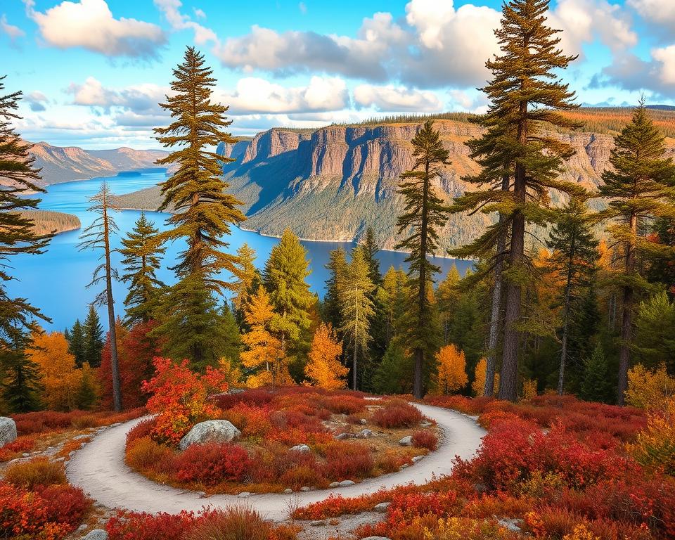 A scenic landscape of Skuleskogen National Park during the peak travel season, showcasing vibrant autumn foliage with shades of orange, red, and yellow. In the foreground, a winding hiking trail leads through a dense forest with tall, majestic pine trees and scattered rocks. The middle ground features a clear view of the park's iconic rugged cliffs, illuminated by warm, golden sunlight filtering through the trees. In the background, a tranquil blue lake mirrors the sky, adding depth to the scene. Soft, fluffy clouds drift lazily, creating a peaceful atmosphere. The shot is taken from a slightly elevated angle to capture the vastness of the park, with a focus on the natural beauty that draws visitors.
