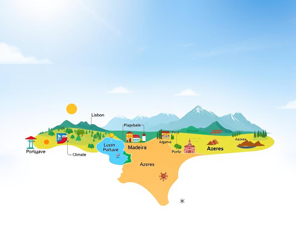 A scenic map of Portugal showcasing its diverse climate regions, featuring specific areas such as Lisbon, Porto, Algarve, Madeira, and the Azores. In the foreground, depict colorful icons representing each region's climate—sun for the Algarve, cloudy for Porto, lush greenery for Madeira, mountainous terrain for the Azores, and warmth for Lisbon. In the middle, illustrate a gradient background showing the transition of climates with vibrant colors from sunny yellows and deep blues to soft greens. Capture the essence of Portugal's beautiful landscapes under a bright, clear sky, using soft natural lighting to enhance the colors. The mood should be inviting and educational, visually presenting a rich overview of cultural and natural diversity. No text or watermarks present. A scenic map of Portugal showcasing its diverse climate regions, featuring specific areas such as Lisbon, Porto, Algarve, Madeira, and the Azores. In the foreground, depict colorful icons representing each region's climate—sun for the Algarve, cloudy for Porto, lush greenery for Madeira, mountainous terrain for the Azores, and warmth for Lisbon. In the middle, illustrate a gradient background showing the transition of climates with vibrant colors from sunny yellows and deep blues to soft greens. Capture the essence of Portugal's beautiful landscapes under a bright, clear sky, using soft natural lighting to enhance the colors. The mood should be inviting and educational, visually presenting a rich overview of cultural and natural diversity. No text or watermarks present.