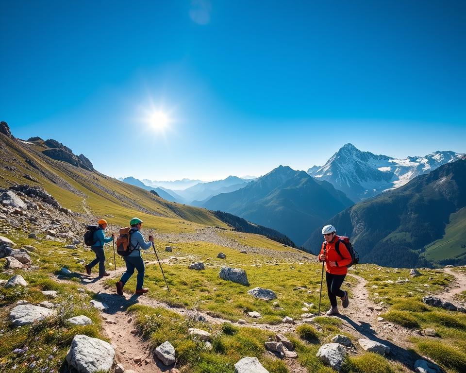 A scenic mountain landscape featuring a safe hiking environment, with a clear blue sky and bright sunshine illuminating the rocky, rugged terrain of Tirol. In the foreground, a group of hikers dressed in professional outdoor attire, wearing helmets, and utilizing trekking poles, is depicted navigating a well-marked trail, demonstrating safe hiking practices. In the middle ground, there are lush green meadows peppered with wildflowers and dotted with a few boulders. In the background, majestic snow-capped peaks tower against the horizon, conveying a sense of adventure and the beauty of nature. The overall mood is uplifting and encourages a sense of responsibility in outdoor exploration. The image should be captured with a wide-angle lens to showcase the grandeur of the landscape, ensuring a vibrant and engaging atmosphere.